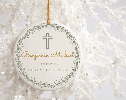 Personalized Cross Porcelain Ornament Baptism Gift for Boy Godson Gift Custom Baptized Keepsake For Parents Religious Gift of Faith Present