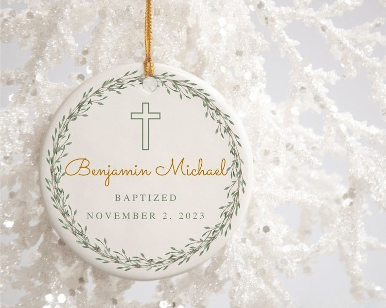 Personalized Cross Porcelain Ornament Baptism Gift for Boy Godson Gift Custom Baptized Keepsake For Parents Religious Gift of Faith Present