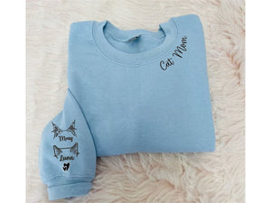 Custom Cat Mom Embroidery On Neckline Shirt, Personalized Cat Mom Embroidered Shirt, Cat Ear with Name On Sleeve, Cat Mom Gift
