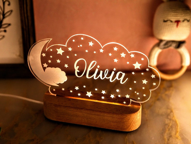 Personalized Night Light with Moon & Stars - Kids Room Decor - Newborn Boy Girl Name Gift - Gift for Baby and Toddler - Gift for Unique Baby
