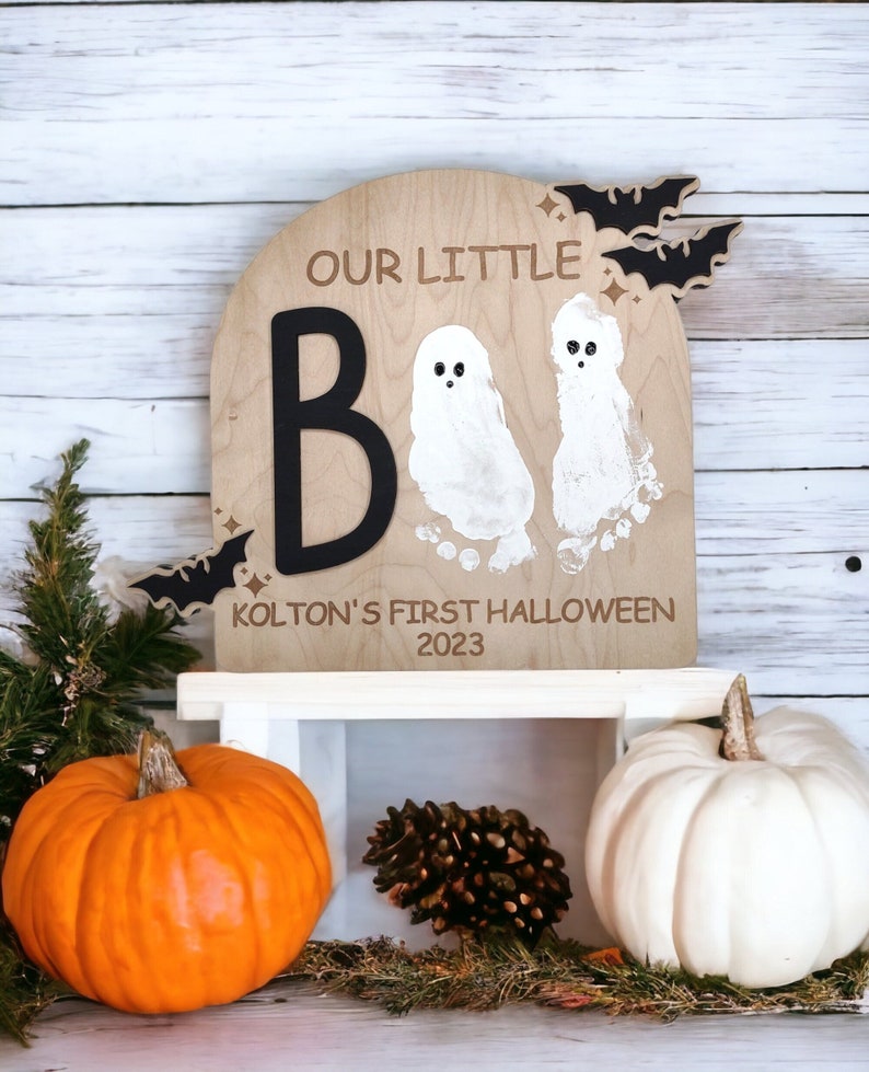 DIY Halloween Footprint Sign, Babys First Halloween Keepsake, Little Boo Wood Art, Halloween Kid Craft, Gift for Mom, Baby Shower, Ghost