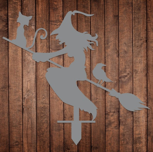 Witch with Broomstick Metal Garden Decor, Witch with Stakes Garden Sign, Halloween Sign, Witch with Cat and Crow Decor, Outdoor Fall Decor