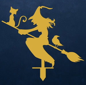 Witch with Broomstick Metal Garden Decor, Witch with Stakes Garden Sign, Halloween Sign, Witch with Cat and Crow Decor, Outdoor Fall Decor