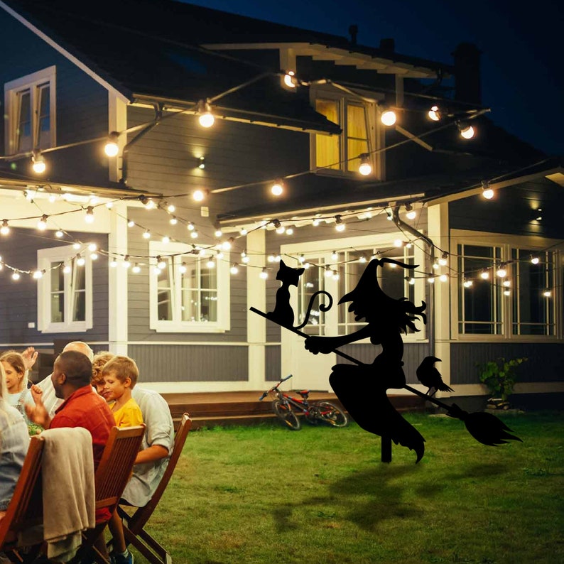 Witch with Broomstick Metal Garden Decor, Witch with Stakes Garden Sign, Halloween Sign, Witch with Cat and Crow Decor, Outdoor Fall Decor