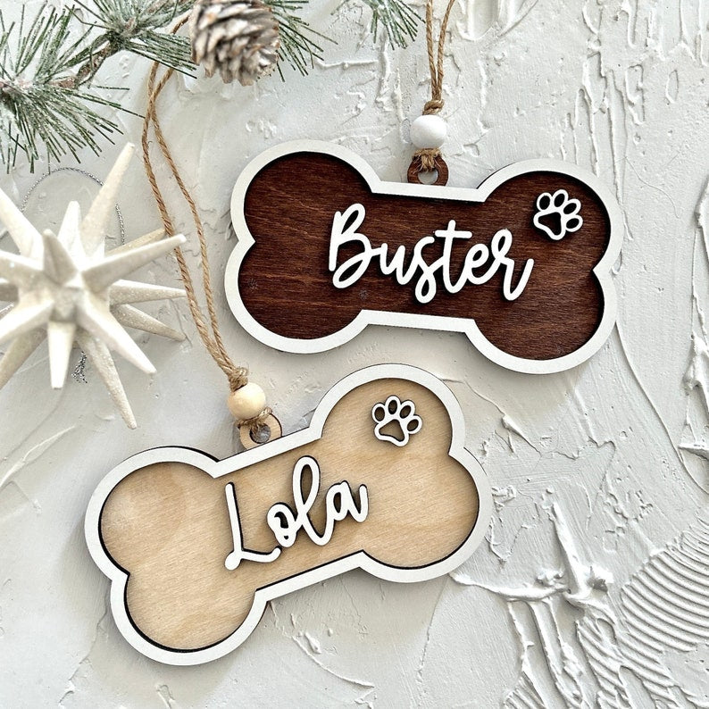 Personalized Pet Christmas Ornament, Custom Wood Bone Ornament, Dog Name Ornament, 3D Pet Ornament, Dog Birthday Gift, Dog Lover's gift