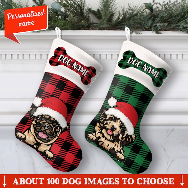 Personalized Dog Christmas Stockings, Custom Dog Name Christmas Stockings, Buffalo Plaid Christmas Gifts For Toddler Kids, Dog Owners Gifts
