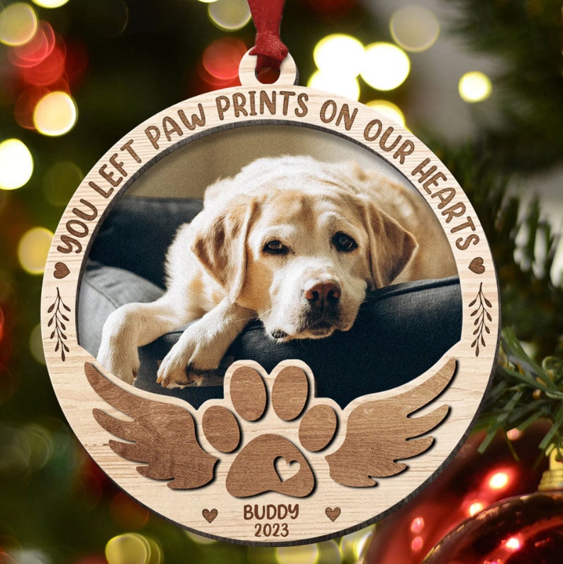 Custom Dog Photo Ornament, Dog Memorial Gift, Loss of Pet, Pet Ornament, Christmas Keepsake, Dog Memorial Ornament, You Left Paw Prints