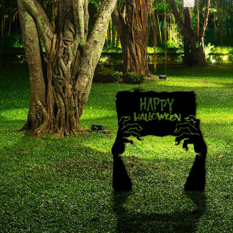 Metal Happy Halloween Garden Sign, Zombie Hands Decor, Cemetery Halloween Garden Stakes, Grave Yard Art, Outdoor Sign, Metal Halloween Gift