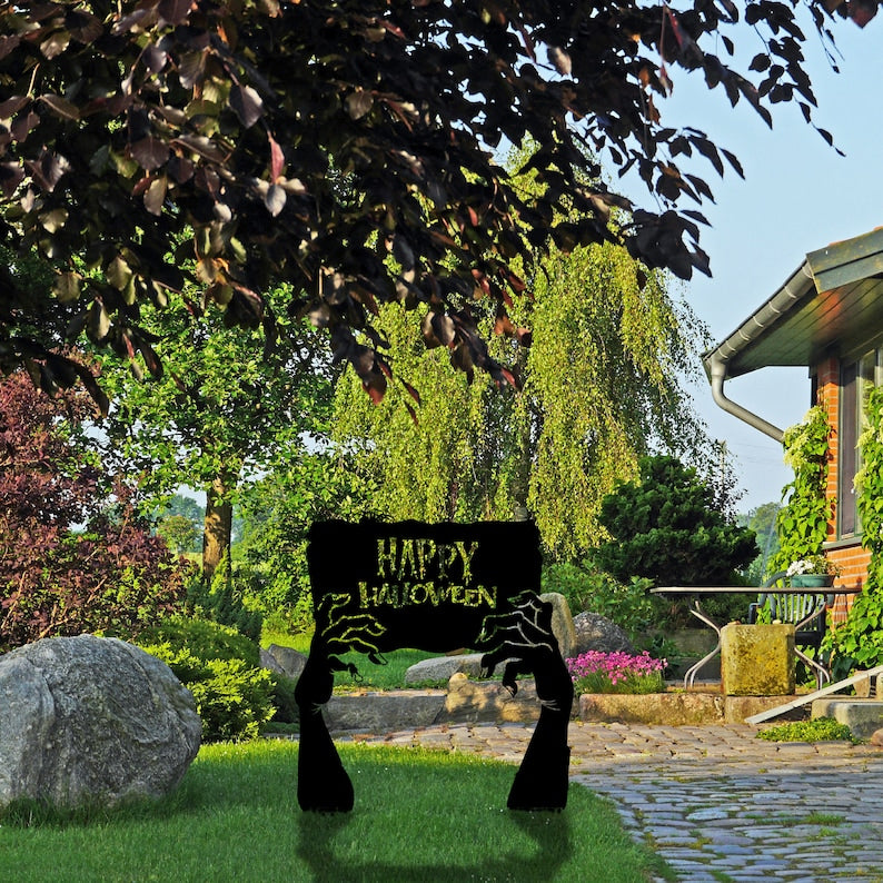 Metal Happy Halloween Garden Sign, Zombie Hands Decor, Cemetery Halloween Garden Stakes, Grave Yard Art, Outdoor Sign, Metal Halloween Gift