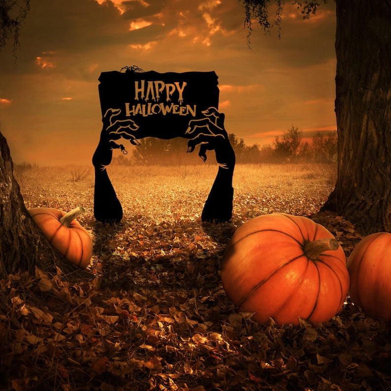 Metal Happy Halloween Garden Sign, Zombie Hands Decor, Cemetery Halloween Garden Stakes, Grave Yard Art, Outdoor Sign, Metal Halloween Gift
