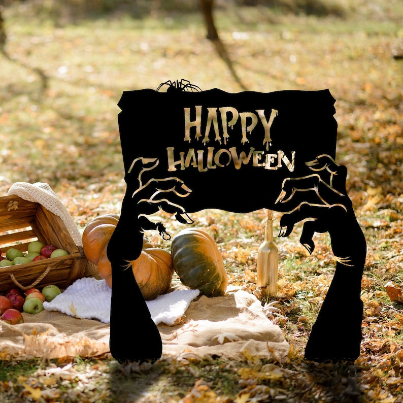 Metal Happy Halloween Garden Sign, Zombie Hands Decor, Cemetery Halloween Garden Stakes, Grave Yard Art, Outdoor Sign, Metal Halloween Gift