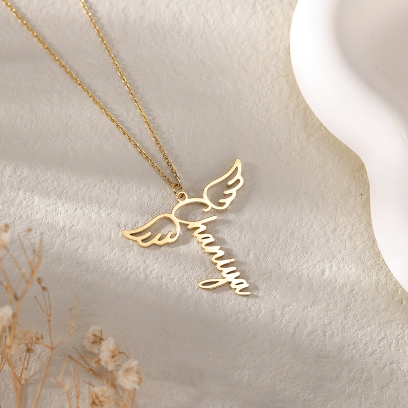 Angel Wings Necklace with Custom Name|Silver Fairy Wings Vertical Name Necklace||Memorial Name Necklace|Memorial Gift for Loss