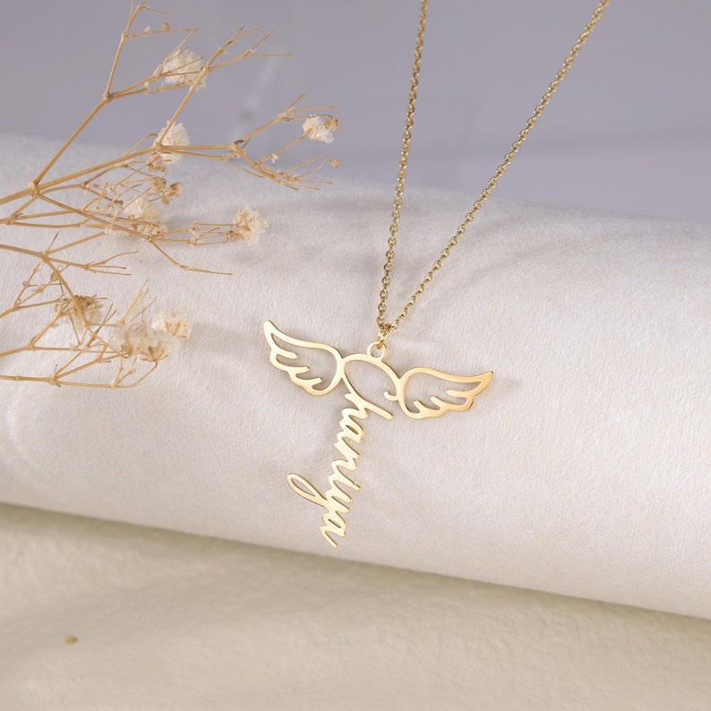 Angel Wings Necklace with Custom Name|Silver Fairy Wings Vertical Name Necklace||Memorial Name Necklace|Memorial Gift for Loss