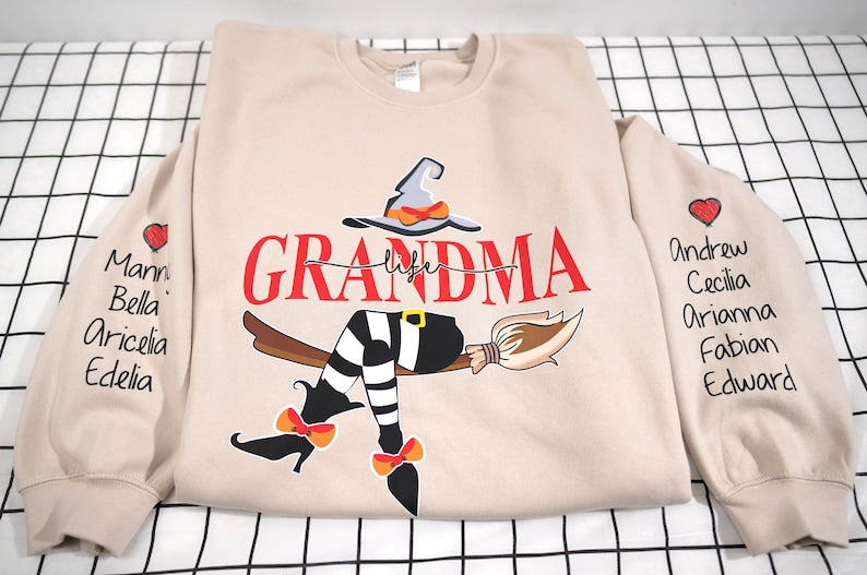 Custom Halloween Grandma Witch Sweatshirt, Grandma And Grandkids Halloween Sweatshirt, Grandma Shirt With Name On Sleeve, Mom Halloween Gift il_794xN.5329859105_iwul.jpg