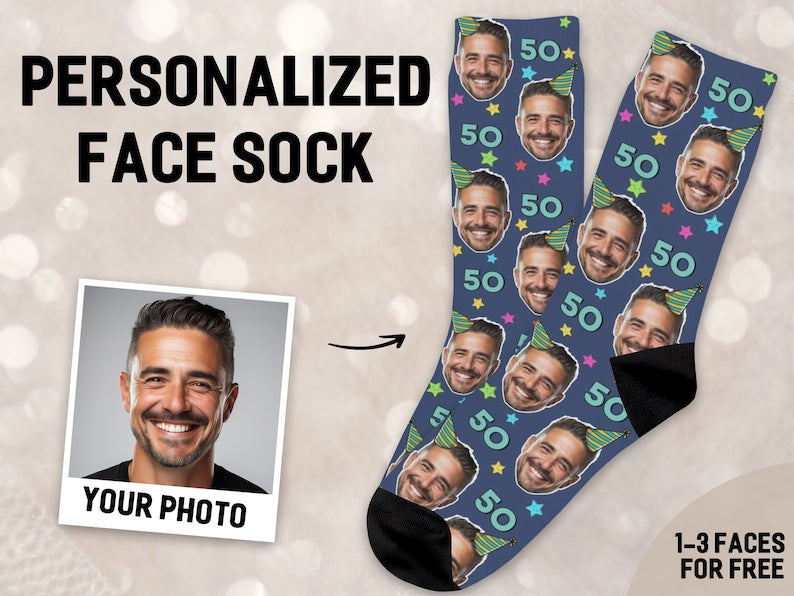 Custom 50th Birthday Face Sock, 50th Birthday Gift for Men and Women, Fifty Birthday Gifts, Personalized Sock, 20th 30th 40th Birthday Sock