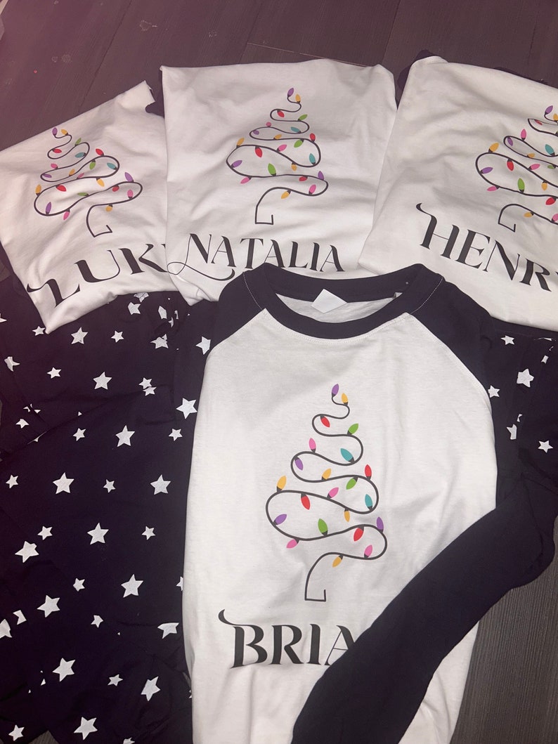 Personalised Family Matching Xmas Pjs pPyjamas Festive - Your Name Christmas Tree Lights - Navy Stars, Long Sleeves, Your Name