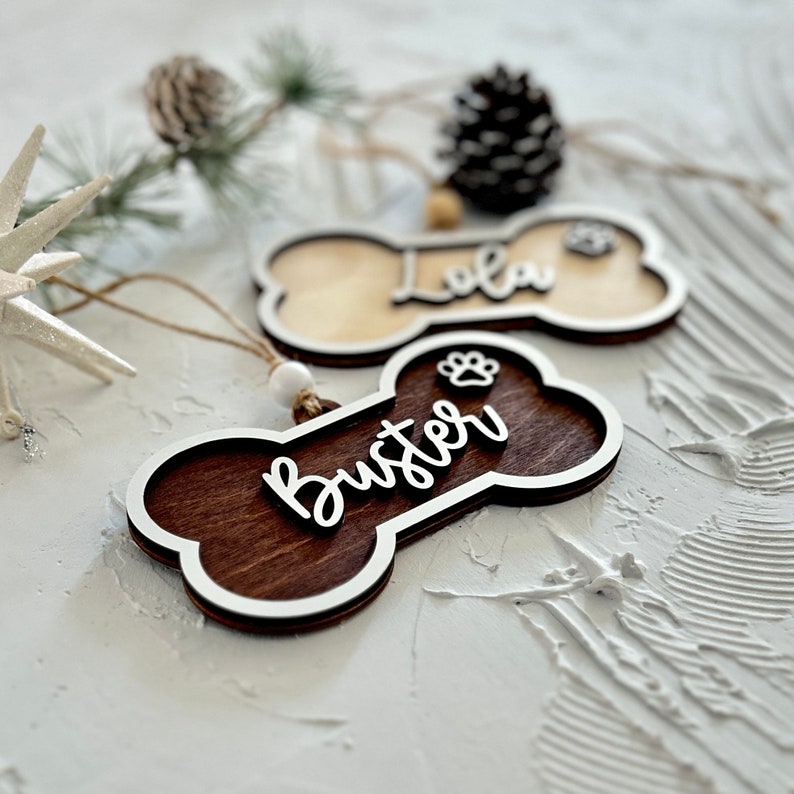 Personalized Pet Christmas Ornament, Custom Wood Bone Ornament, Dog Name Ornament, 3D Pet Ornament, Dog Birthday Gift, Dog Lover's gift