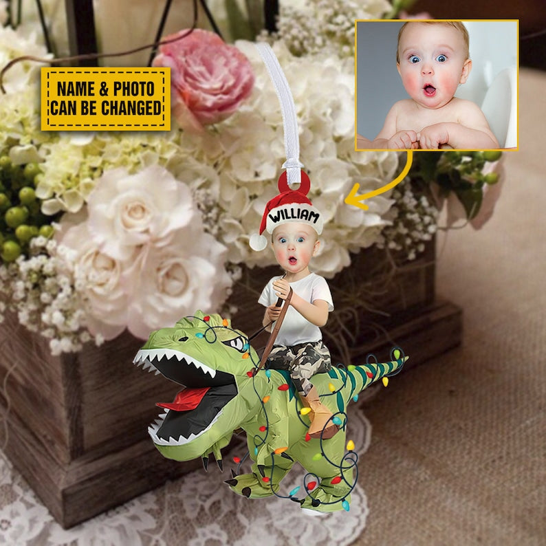 Kid Rides Dinosaur Ornament, Kid Photo Ornaments, Christmas Gift For Grandkids, Custom Photo Ornament, Baby Face Ornament, Christmas Gift