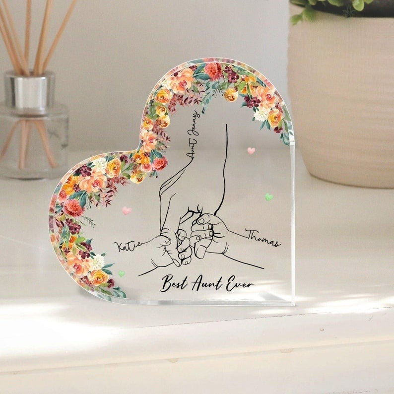 Personalized Name Auntie And Kids Hands Heart Acrylic Plaque, Custom Auntie Gift From Nephew Niece, Best Aunt Ever Gift, Gift For Aunt
