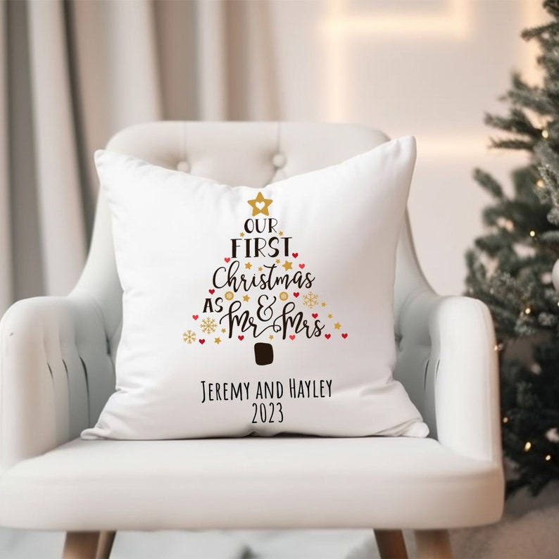 Mr and Mrs Christmas pillow, our first Christmas Gift, personalized christmas gift for newlywed, custom holiday Christmas throw pillow decor