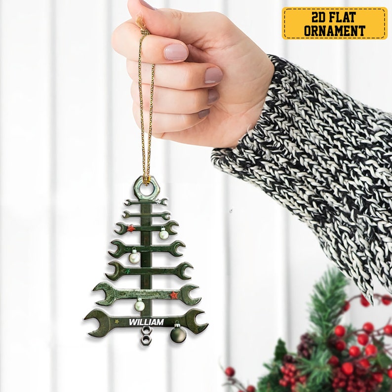 Personalized Wrench Tree Shape Acrylic Ornament for Mechanic, Custom Mechanic Tool Christmas Ornament, Custom Name Tool Flat Ornament Decor