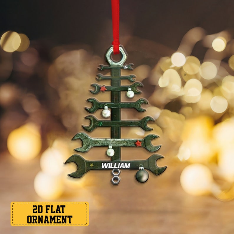 Personalized Wrench Tree Shape Acrylic Ornament for Mechanic, Custom Mechanic Tool Christmas Ornament, Custom Name Tool Flat Ornament Decor