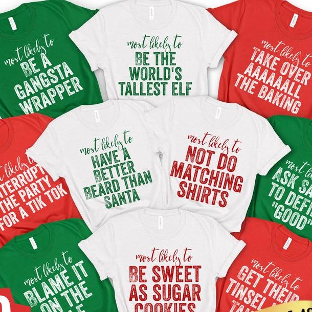 Family Christmas Shirts, Most Likely to, Funny Christmas Party, Christmas Shirt, Matching Christmas Shirt, Custom Shirt, Group Shirts, Food
