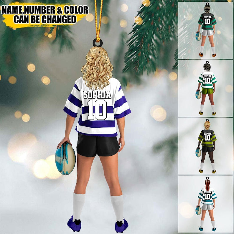 Personalized Rugby Female/Girl/Woman Player Acrylic Christmas Ornament, Gift For Rugby Players, Custom Name And Number For Rugby Player