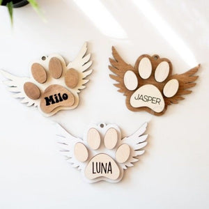 Pet Memorial Christmas Ornament, Angel Wings Dog Paw Ornament, Personalized Cat Wings Christmas Ornament, Handmade Wood Your Dog or Cat Name