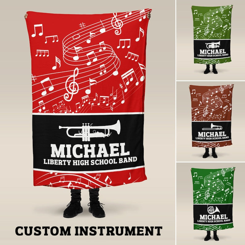 Custom Music Blanket, Marching Band, Orchestra, Personalized Name, Color, School, Instrument, Trumpet, Clarinet, Tuba, Violine and More