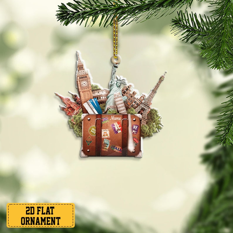 Personalized Travel Suitcase Ornament, World Travel Trunk Christmas Ornament, Traveler Ornament Christmas Tree Decor, Travel Lovers Gift