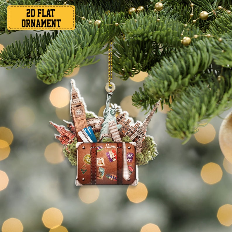 Personalized Travel Suitcase Ornament, World Travel Trunk Christmas Ornament, Traveler Ornament Christmas Tree Decor, Travel Lovers Gift