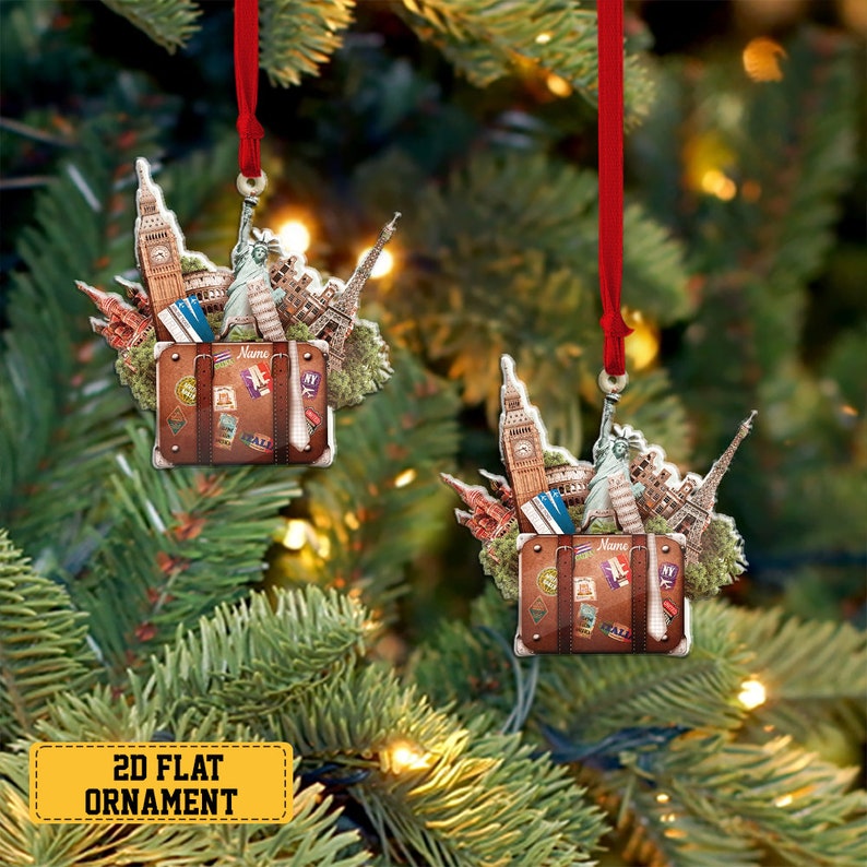 Personalized Travel Suitcase Ornament, World Travel Trunk Christmas Ornament, Traveler Ornament Christmas Tree Decor, Travel Lovers Gift
