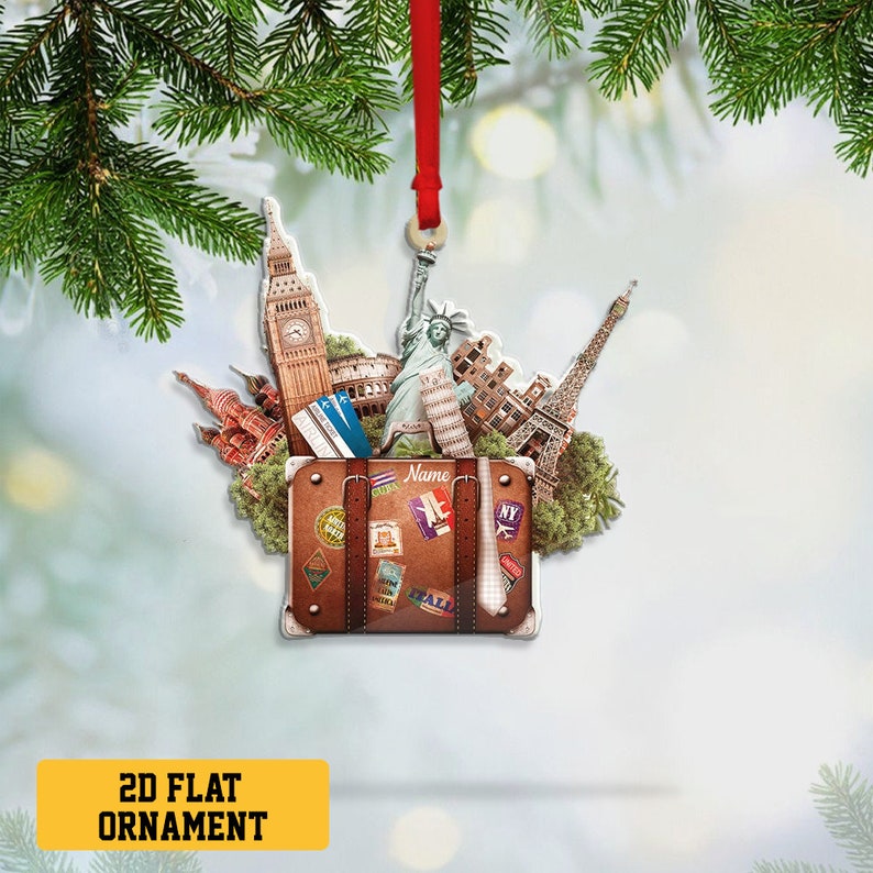 Personalized Travel Suitcase Ornament, World Travel Trunk Christmas Ornament, Traveler Ornament Christmas Tree Decor, Travel Lovers Gift