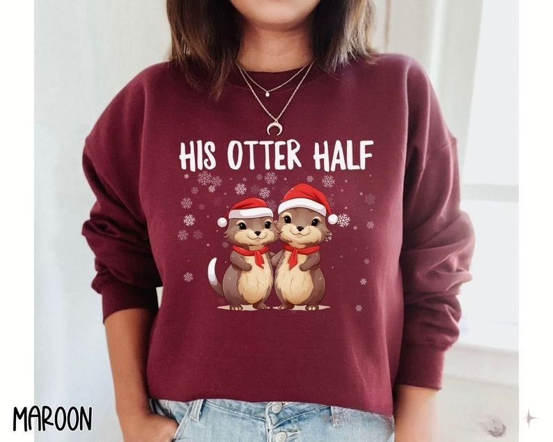 Couples Christmas Sweaters, Couple Christmas Pajamas Couple Sweatshirts Otter Puns Matching Christmas Shirts Funny Ugly Sweater Party Tees