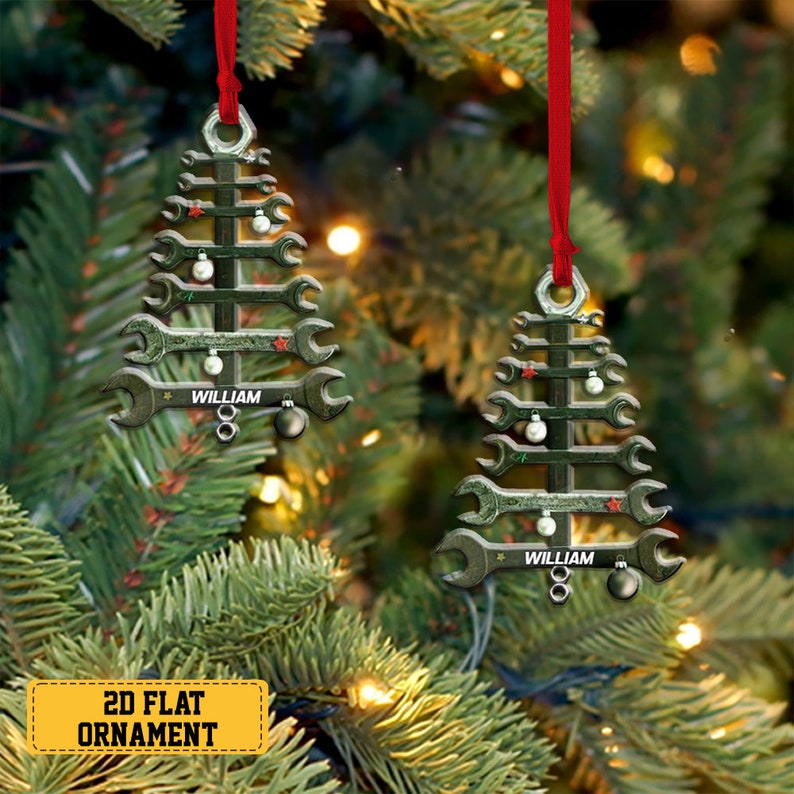 Personalized Wrench Tree Shape Acrylic Ornament for Mechanic, Custom Mechanic Tool Christmas Ornament, Custom Name Tool Flat Ornament Decor