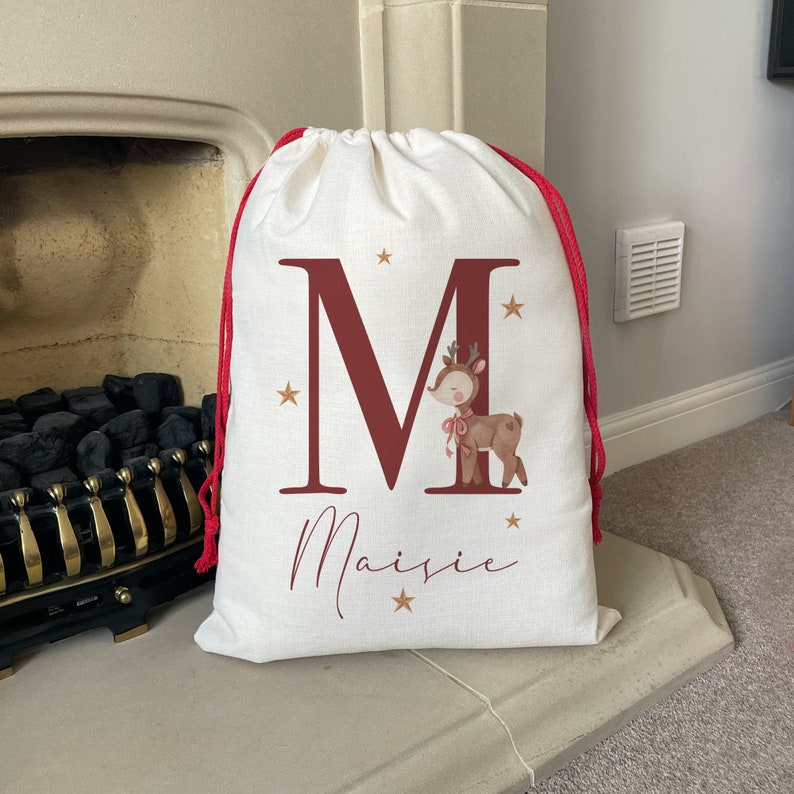 Personalised Santa Sack - Personalised Christmas Sack - Personalised Christmas Toy Sack - Name & Initial Christmas Reindeer - Christmas Gift