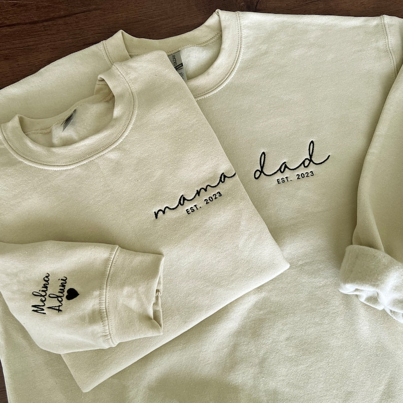 Custom Mama, Dad With Names Hearts On Sleeve Embroidered Shirt