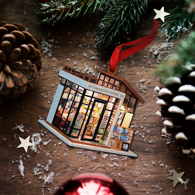 Customized 2D Flat Book Store Ornament, Bookshelves Custom Wood Ornaments, Ornament For Book Lovers, Bookshelf Ornament, Gift For Book Lover