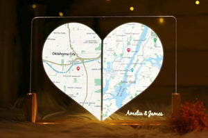 Custom Two Location Heart Night Light - Engaged Gift for Her - Long Distance Relationship Gift - Anniversary Gift for Her - Personalized Map