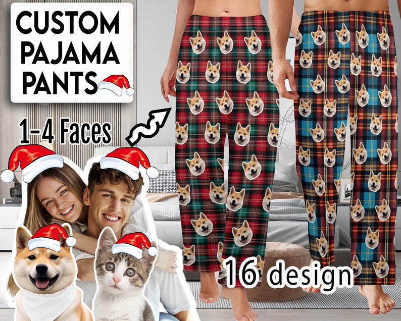 Custom Photo Pajama Pants,Personalized Dog Pajamas for Men Women,Custom Pet Cat Face Pajama Pants,Christmas Pajama,Couple Gift for Him Her