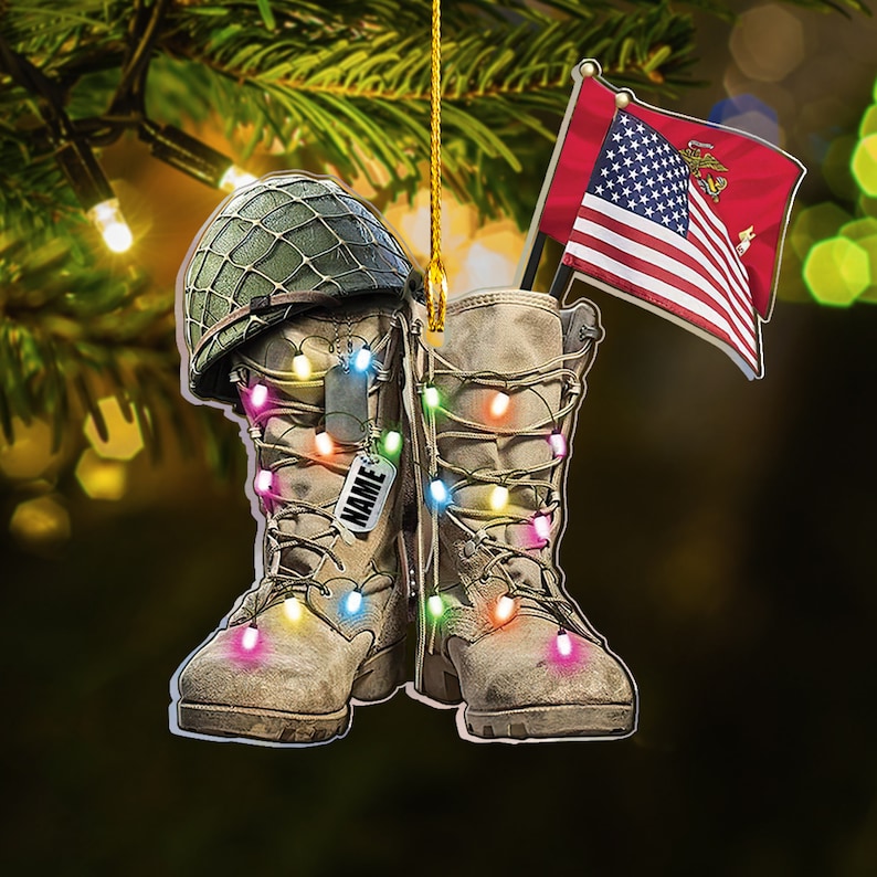 Personalized Marine Military Boots Ornament, Acrylic 2D Ornament, Marine Military Gift, Veteran Gold Boots Ornament, Marine US Gift