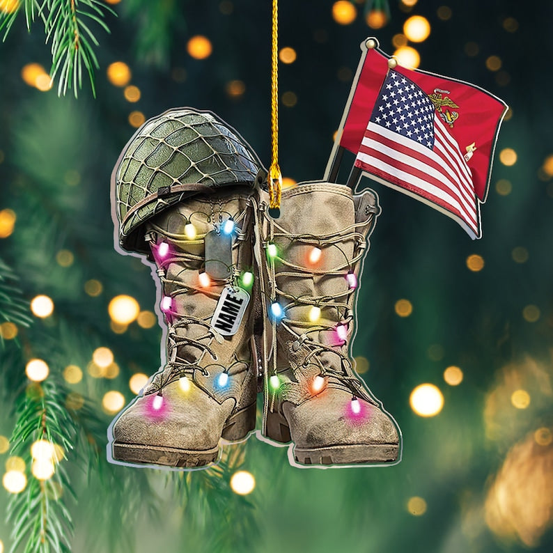 Personalized Marine Military Boots Ornament, Acrylic 2D Ornament, Marine Military Gift, Veteran Gold Boots Ornament, Marine US Gift