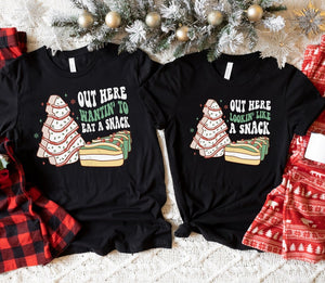 Christmas Tree Cake Funny Matching Couples Christmas Shirts, Couples Christmas Pajamas, Christmas Couple, Out Here Lookin Like a Snack Tees