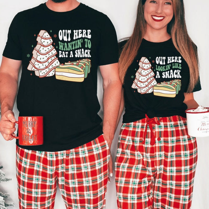 Christmas Tree Cake Funny Matching Couples Christmas Shirts, Couples Christmas Pajamas, Christmas Couple, Out Here Lookin Like a Snack Tees