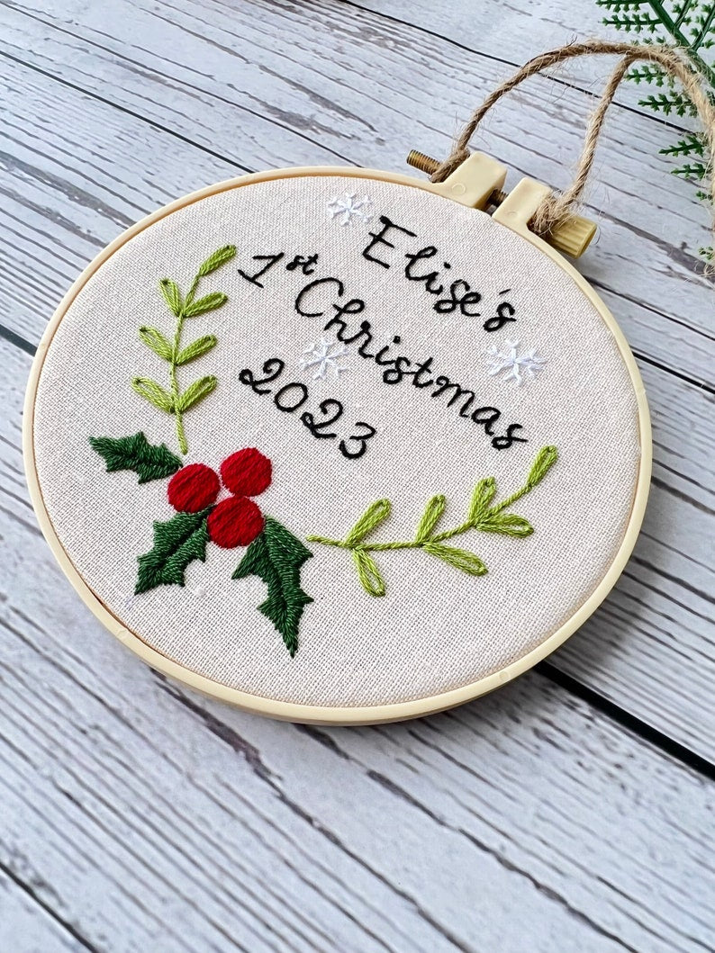 Hand Embroidered Baby's first Christmas Ornament, Custom Embroidered Hoop Ornament, Christmas Decor, Holiday Decor, Christmas Tree Decor.