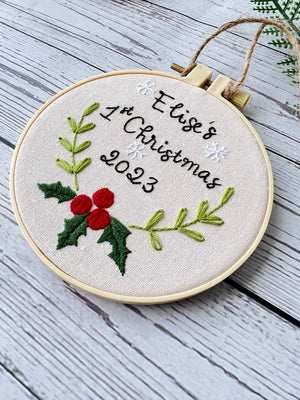 Hand Embroidered Baby's first Christmas Ornament, Custom Embroidered Hoop Ornament, Christmas Decor, Holiday Decor, Christmas Tree Decor.