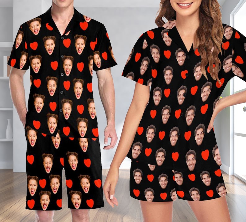 Custom Photo Pajamas,Personalized Face Short Pajama Set for Men/Women,Custom Sleepwear with Photo,Heart Couple PJs,Birthday Gift