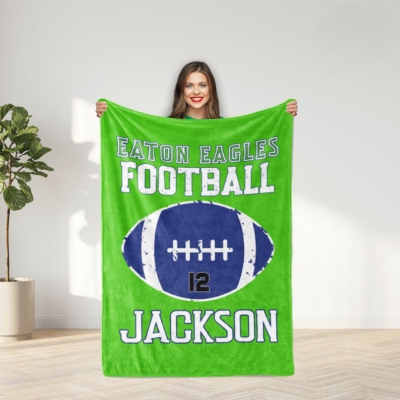 Personalized Football Name Blanket, Custom Gift Idea for Football Player, Minky or Sherpa Football Blanket, Blanket for Boys