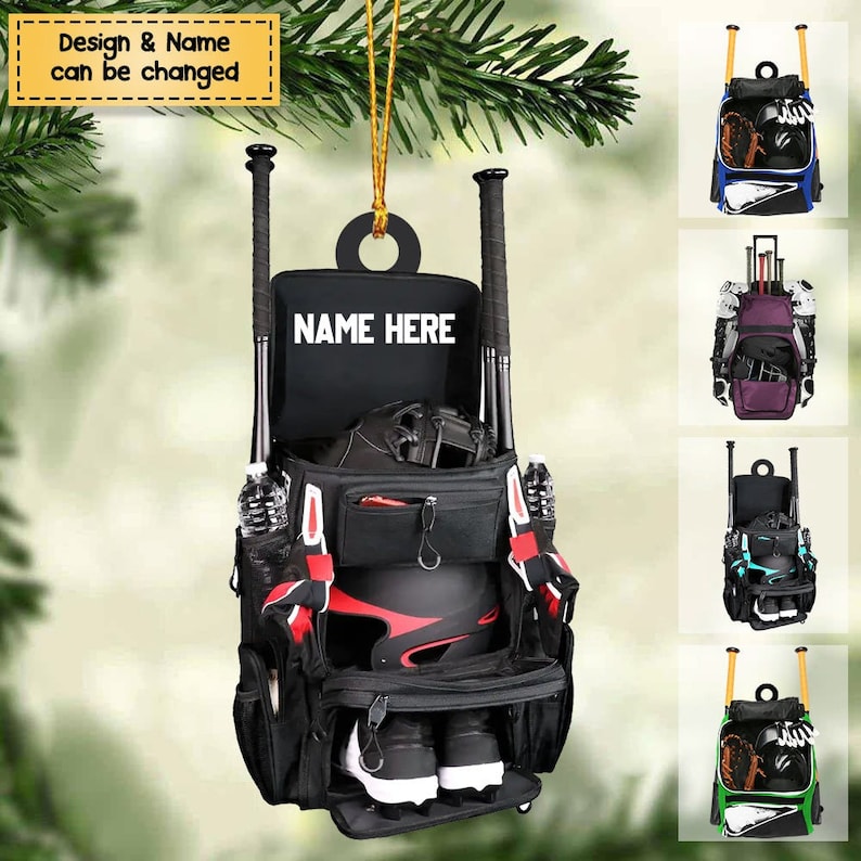 Personalized Baseball Bag Ornament, Baseball Player Gear Acrylic Ornament, Baseball Custom Name Keepsake, Baseball Christmas Ornament